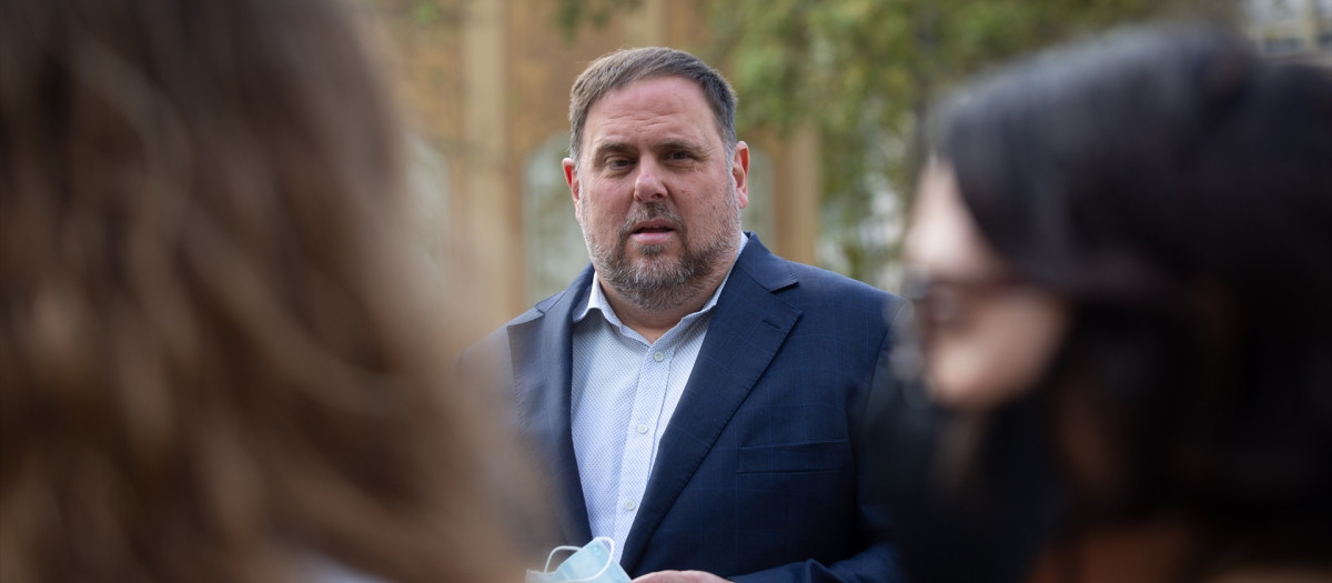 El presidente de ERC, Oriol Junqueras, en el acto de Òmnium en conmemoración del cuarto aniversario del 1-O