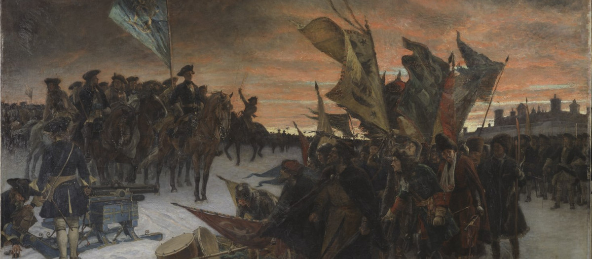 Los rusos deponen armas y estandartes ante Carlos XII de Suecia, tras la batalla de Narva. Pintura de Gustaf Cederström, 1910