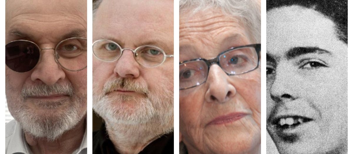 Los escritores Salman Rushdie, Jon Fosse, Ida Vitale y Thomas Pynchon