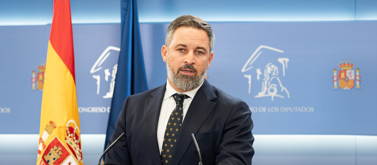 El líder de Vox, Santiago Abascal, durante una rueda de prensa en el Congreso