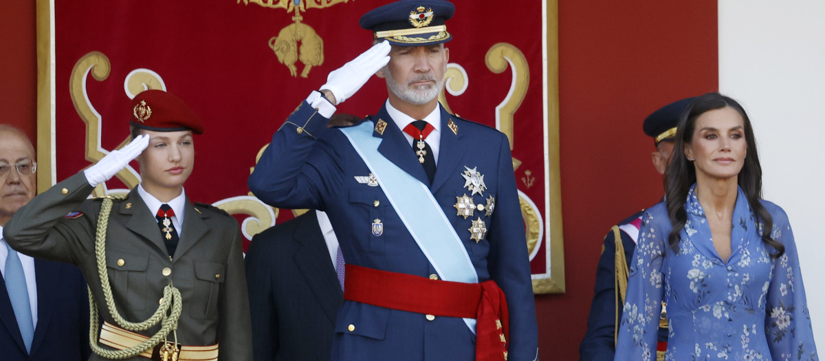 SPanish King Felipe VI and Letizia with Princess Leonor de Borbon attending a military parade during the known as Dia de la Hispanidad, Spain's National Day, in Madrid, on Thursday 12, October 2023.