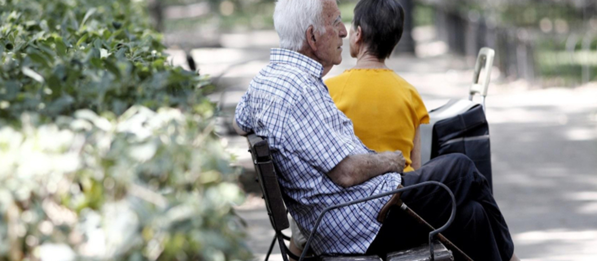Un pensionista descansa en un banco de un parque de Madrid.