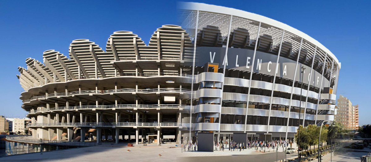 Montaje que muestra cómo están las obras del Nuevo Mestalla y el resultado que se espera