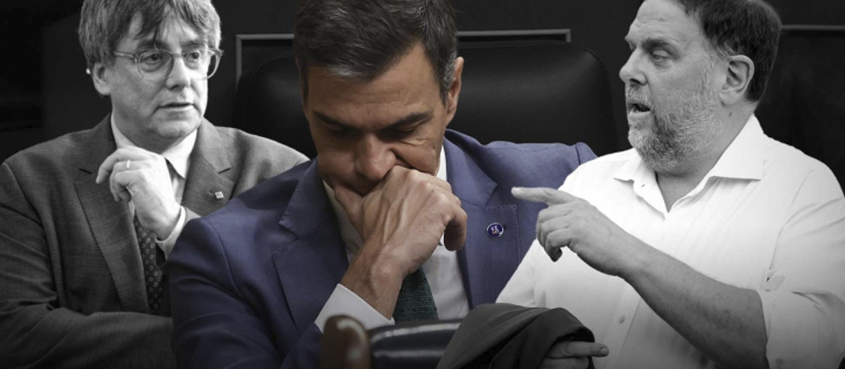 Un montaje fotográfico de Pedro Sánchez, Oriol Junqueras y Carles Puigdemont