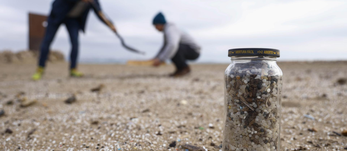 Voluntarios recogen pellets en la playa