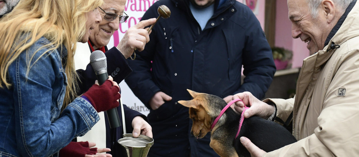 El padre Ángel realiza la bendición de un perro