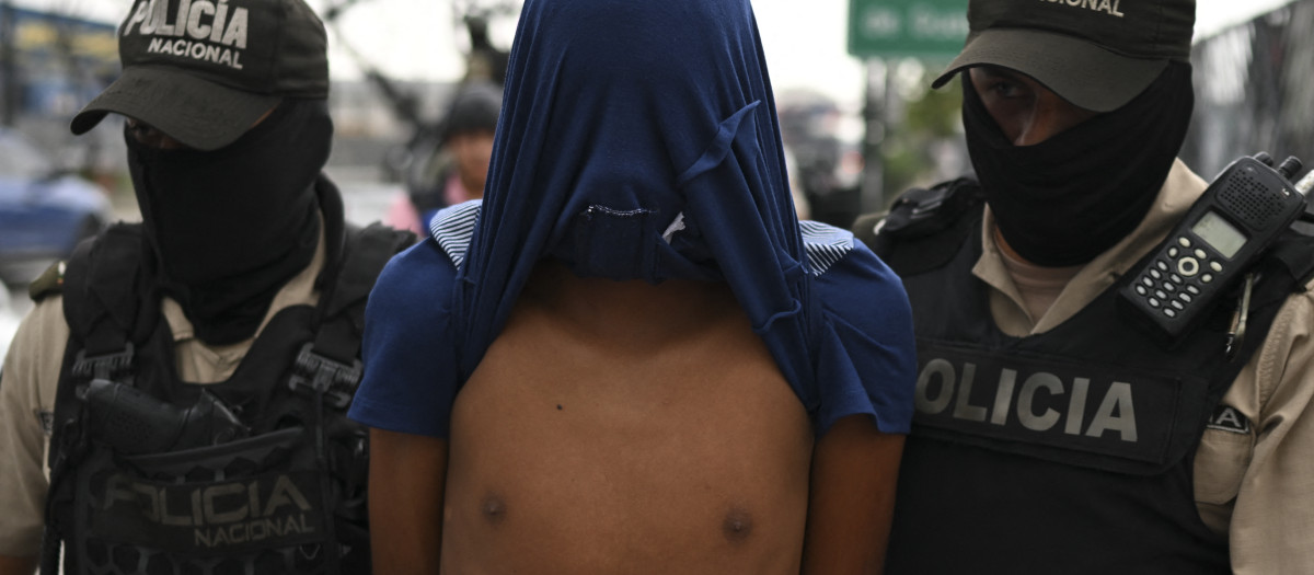 Oficiales de la Policía Nacional de Ecuador escoltan a un hombre detenido bajo sospecha de pertenecer a una banda criminal