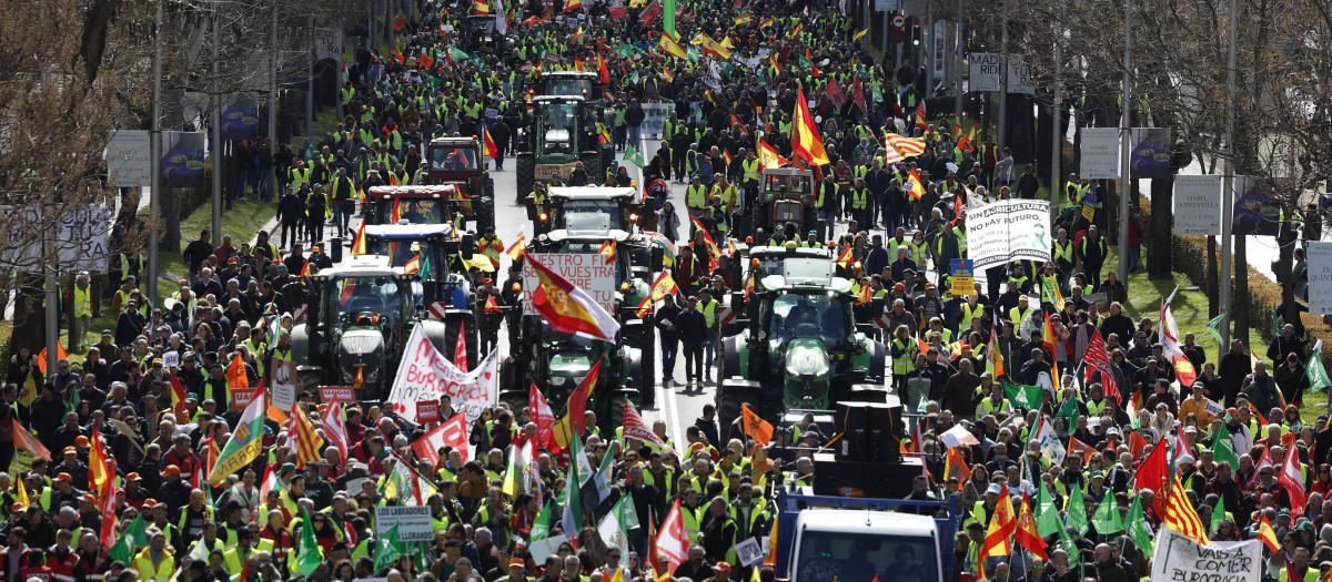 MADRID, 26/02/2024.- Agricultores de varios puntos de España circulan con sus tractores por el Paseo del Prado hasta el número 46 del Paseo de la Castellana, donde se ubica la Oficina en España del Parlamento Europeo, en Madrid este lunes. España arranca una tercera semana de protestas del campo en un lunes en el que se producirá una cita clave en Bruselas- con el consejo de ministros del ramo que buscará soluciones para aliviar a los productores- y un centenar de tractores y miles de manifestantes que ocupan el centro de Madrid. EFE/ J.J. Guillén