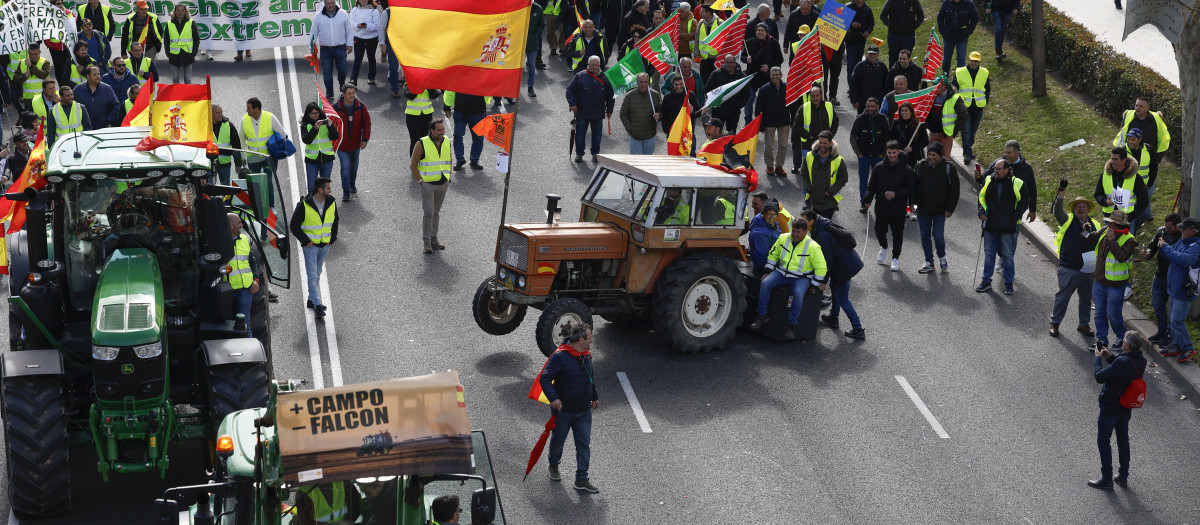 MADRID, 26/02/2024.- Tractores y personas a pie de la protesta agrícola convocada este lunes en la ciudad de Madrid que ha llegado hasta el Ministerio de Agricultura, Pesca y Alimentación, ya en la capital, tras salir a primera hora de la mañana del municipio de Arganda del Rey, en un recorrido que, hasta el momento, se ha desarrollado con "normalidad". EFE/  JJ.Guillén