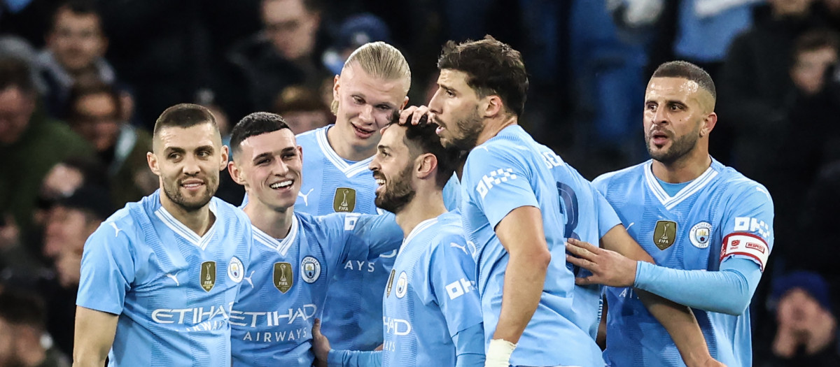 Los jugadores del Manchester City celebran un gol en el partido contra el Newcastle