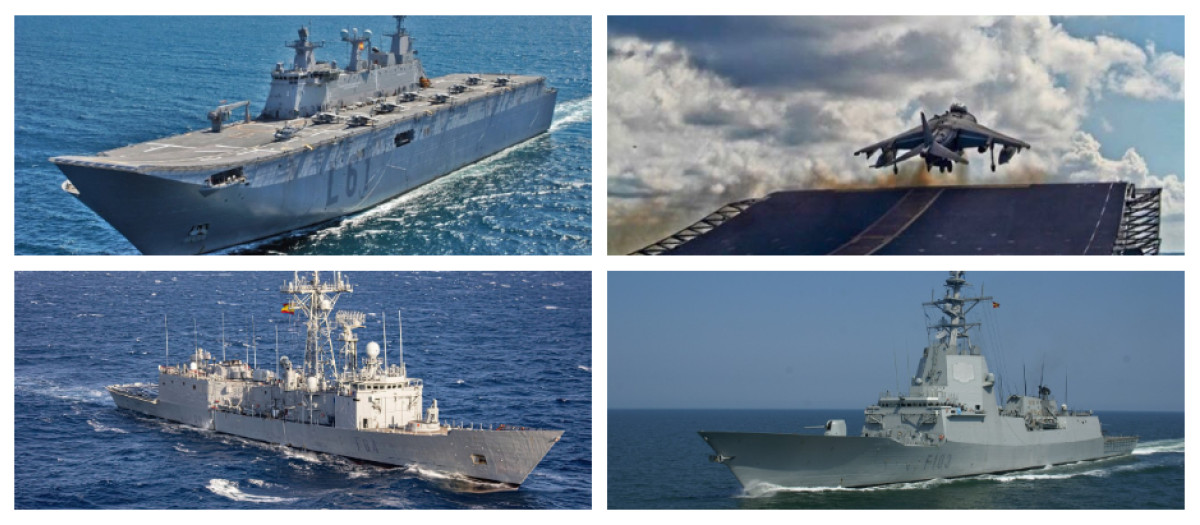 El LHD Juan Carlos I, con sus Harrier embarcados, y las fragatas Blas de Lezo y Reina Sofía