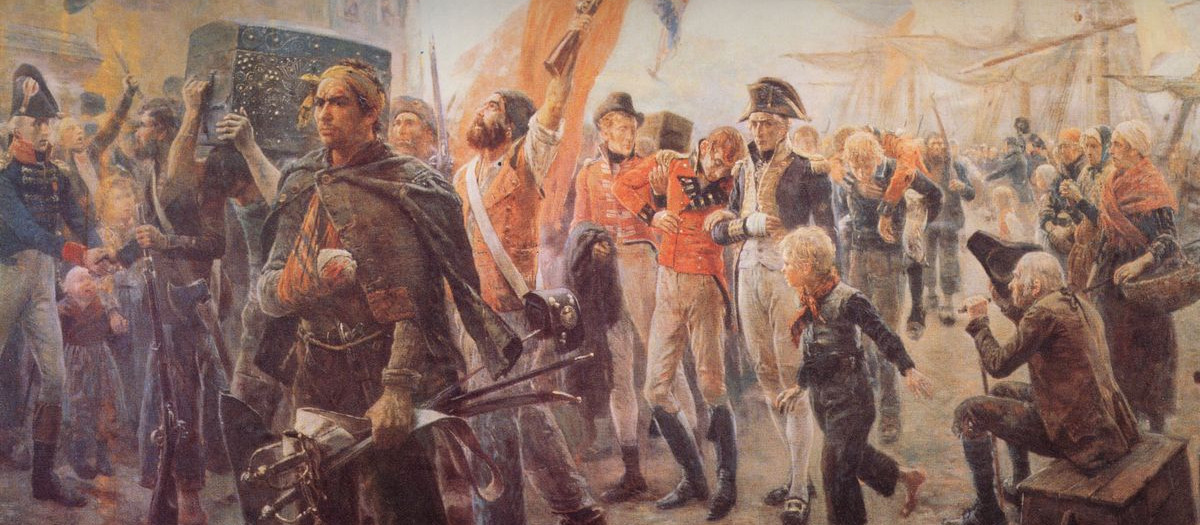 Corsarios franceses con botín y prisioneros británicos en 1806, representados en una pintura posterior de Maurice Orange