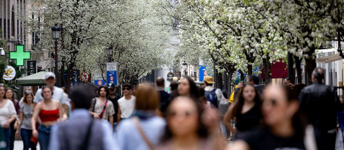 Varias personas pasean junto a árboles en flor durante el primer día de primavera en Madrid