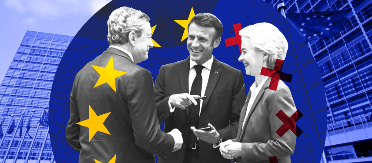 Montaje Mario Draghi Emmanuel Macron y Ursula von der Leyen