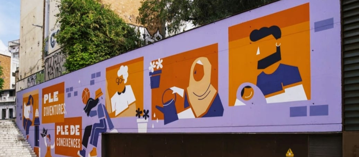 Imagen del mural del barrio de la Torrassa en el que aparec ela mujer con el pañuelo islámico