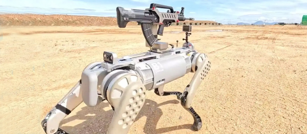 Imagen del perro-robot armado con un fusil presentado por el Ejército chino
