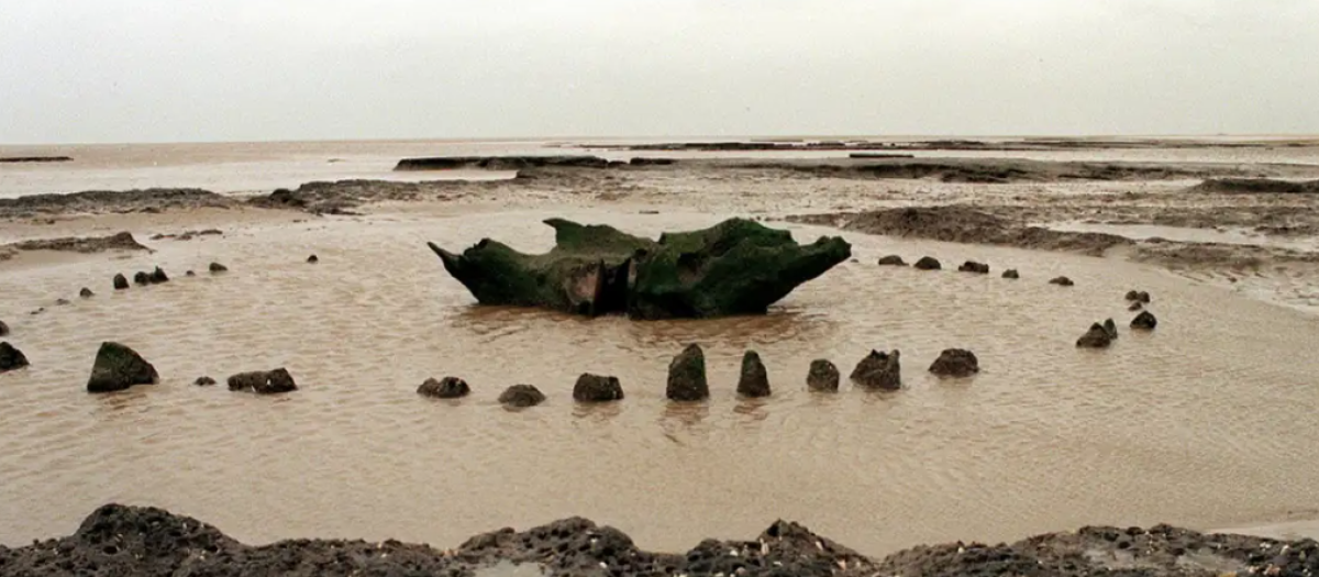 Seahenge en su ubicación inicial (Inglaterra), antes de su excavación en 1999