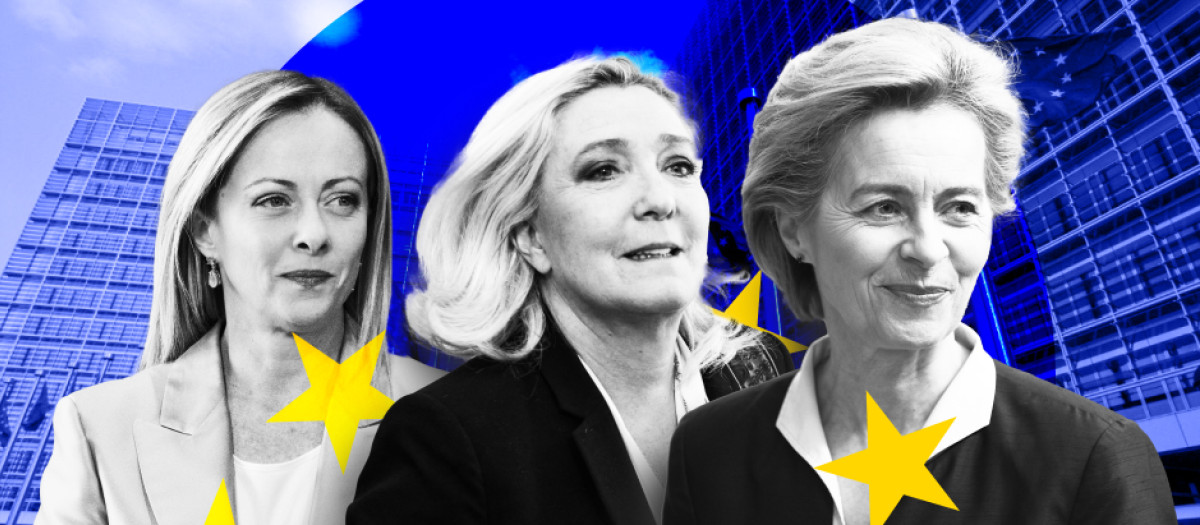 Montaje Giorgia Meloni, Marine Le Pen y Ursula von der Leyen