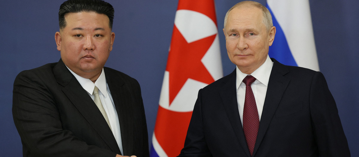 (FILES) In this pool photo distributed by Sputnik agency, Russia's President Vladimir Putin (centre L) and North Korea's leader Kim Jong Un (centre R) visit the Vostochny Cosmodrome in Amur region on September 13, 2023. North Korean leader Kim Jong Un on June 12, 2024 hailed his country's ties with Russia, saying the two nations were "invincible comrades-in-arms", amid reports President Vladimir Putin will visit Pyongyang imminently. (Photo by Mikhail Metzel / POOL / AFP)