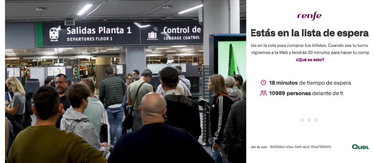 Viajeros en la estación de Atocha e imagen de una de las colas virtuales capturada ayer