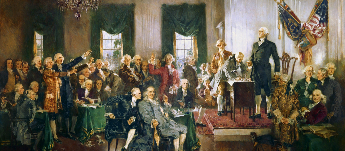Escena al momento de firmar la Constitución de los Estados Unidos, por Howard Chandler Christy