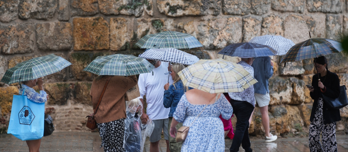 Transeúntes protegidos con paraguas durante las fuertes lluvias en Sevilla