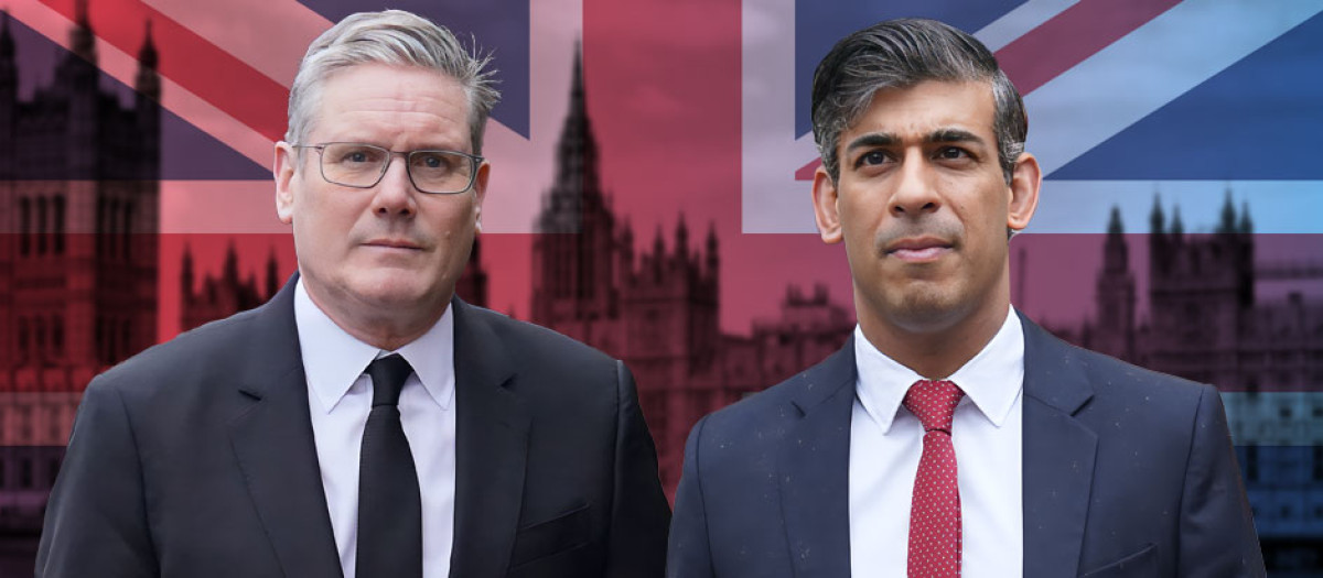 Los líderes británicos Kair Starmer (Partido Laborista) y Rishi Sunak (Partido Conservador)