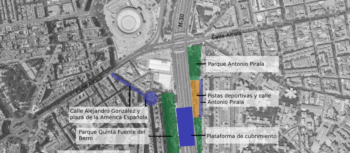 Vista aérea del cubrimiento de la M-30 a la altura de Ventas