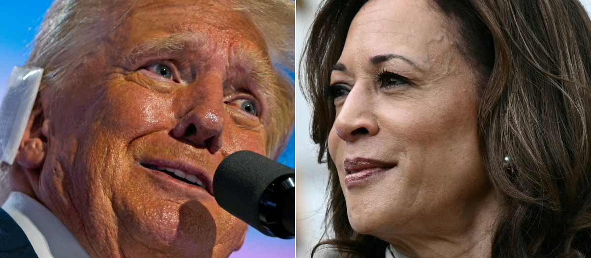 (COMBO) This combination of pictures created on July 22, 2024 shows former US President and 2024 Republican presidential candidate Donald Trump accepting his party's nomination on the last day of the 2024 Republican National Convention at the Fiserv Forum in Milwaukee, Wisconsin, on July 18, 2024 and US Vice President Kamala Harris attending an event honoring National Collegiate Athletic Association (NCAA) championship teams from the 2023-2024 season, on the South Lawn of the White House in Washington, DC on July 22, 2024. Democrats rapidly coalesced around Vice President Kamala Harris on July 22, 2024 as she raced to secure the party's nomination to take on Donald Trump in November in the wake of President Joe Biden's sensational exit. (Photo by Nick Oxford and Brendan SMIALOWSKI / AFP)