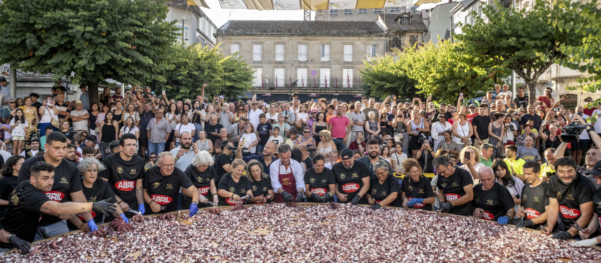 Los pulpeiros de El Carballiño (Ourense) baten  su propio récord con una tapa 'olímpica' de pulpo en la que han empleado cerca de 600 kilos de cefalópodo.