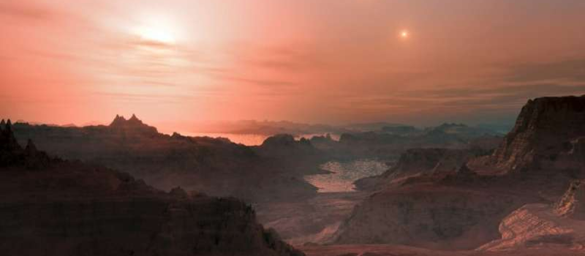 Concepto artístico de un hipotético exoplaneta rocoso en un sistema de una estrella enana roja