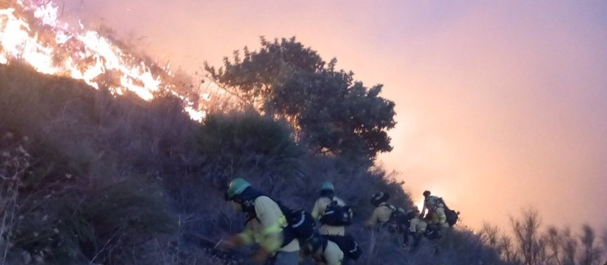 Bomberos del Plan Infoca trabajan para sofocar las llamas en las escarpadas laderas de Peña Escrita