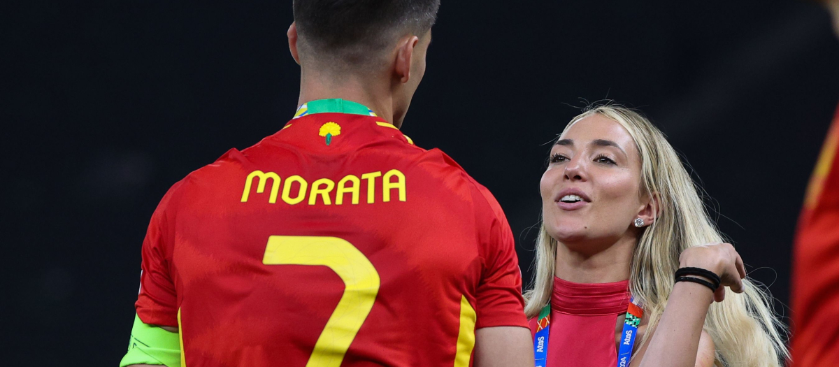 Soccerplayer Alvaro Morata andAlice Campello celebrate victory after the UEFA EURO 2024 final match between Spain and England at Olympiastadion on July 14, 2024 in Berlin, Germany.