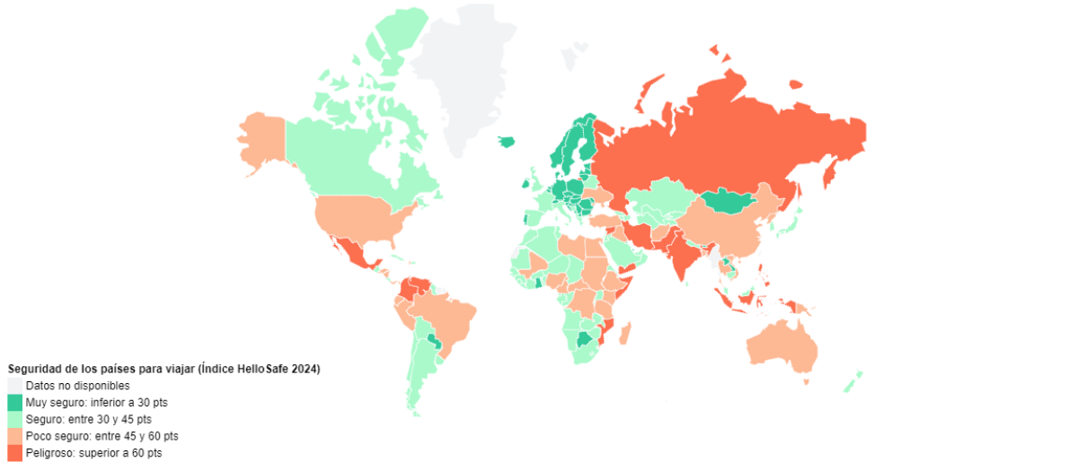 Mapa de los países más y menos seguros, según HelloSafe