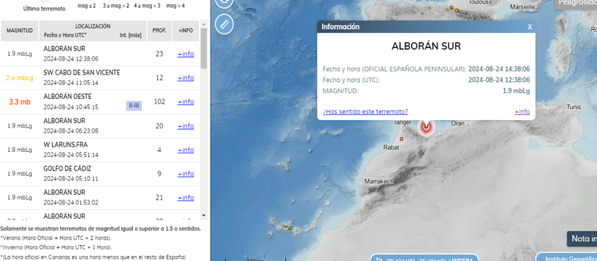 Mapa sísmico con información del seismo del Mar de Alborán