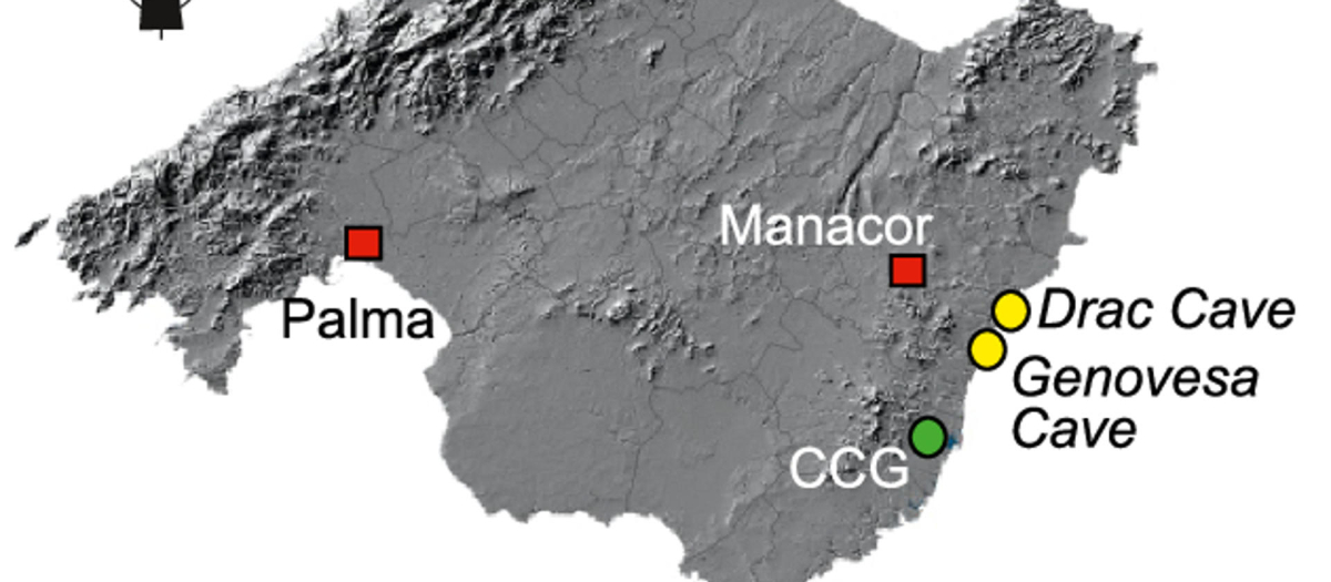 Mapa de Mallorca, mostrando la localización de las cuevas de Genovesa y Drac y el yacimiento arqueológico de Closos de Can Gaià (CCG)