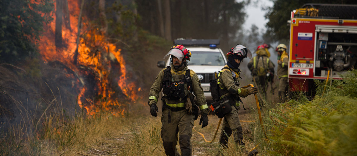 Agentes del equipo de Bomberos de Galicia trabajan durante el incendio de Crecente, Pontevedra.