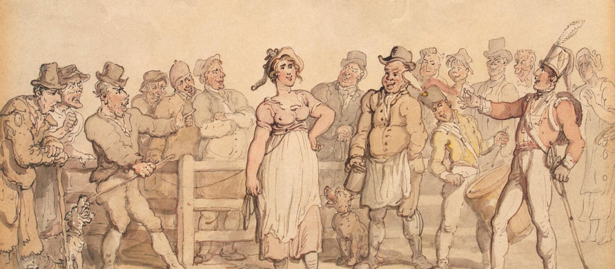 Caricatura de la práctica de "venta de la esposa". Dibujo de Thomas Rowlandson