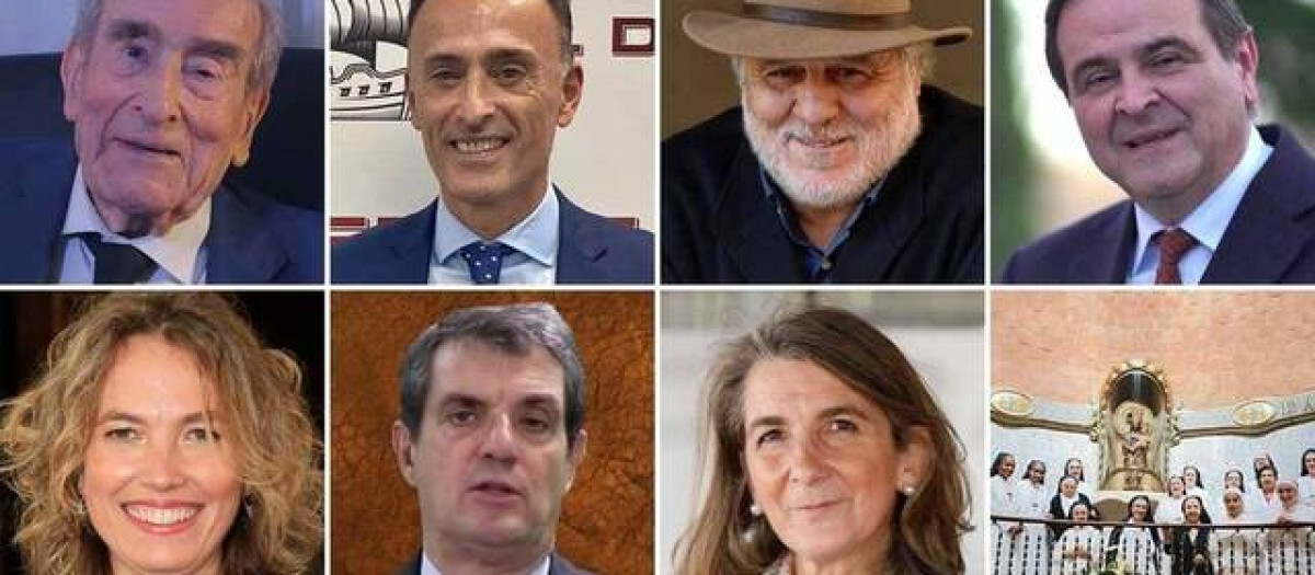 De izquierda a derecha y de arriba abajo: Alfonso López Quintás, Luis Ventoso, José Luis López-Linares, Juan Antonio Perteguer, Alejandra Salinas, José Manuel Díez Quintanilla, Emma de León y la Madre Belén rodeada de religosas del Cottolengo del Padre Alegre