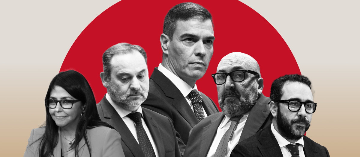 Delcy Rodríguez, José Luis Ábalos, Pedro Sánchez, Koldo García y Víctor de Aldama