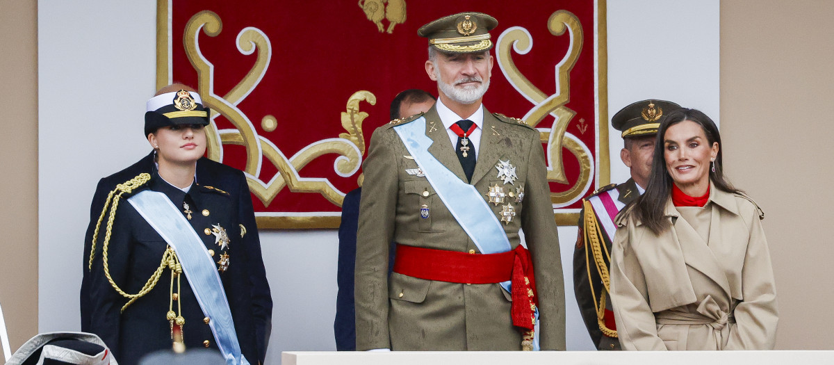 Spanish King Felipe VI and Queen Letizia with Princess Leonor attending a military parade during the known as Dia de la Hispanidad, Spain's National Day, in Madrid, on Saturday 12, October 2024.