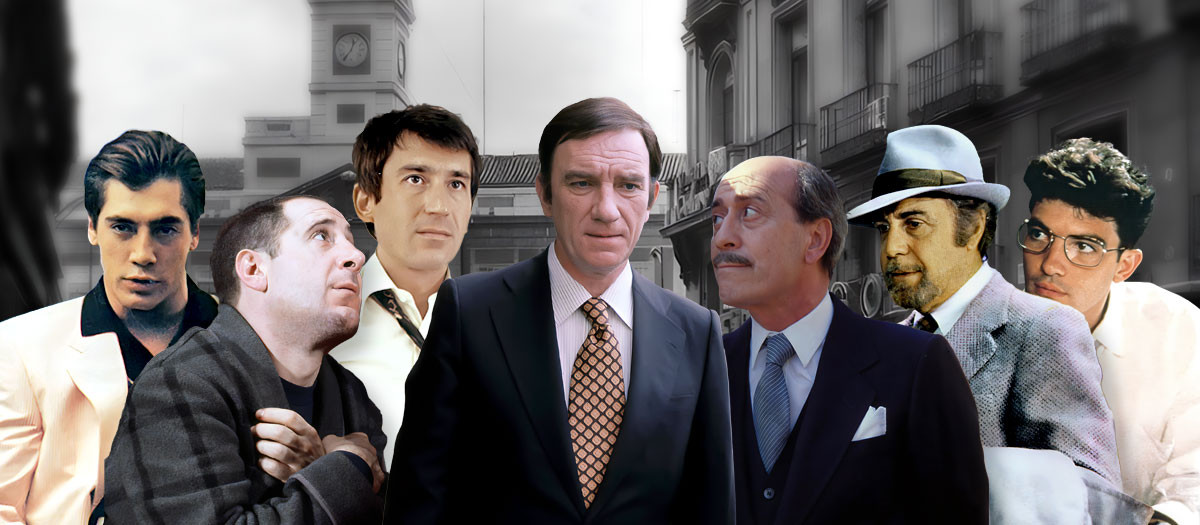 De izquierda a derecha, Javier Bardem, Alfredo Landa, José Sacristán, Fernando Fernán Gómez, José Luis López Vázquez, Fernando Rey y Antonio Banderas