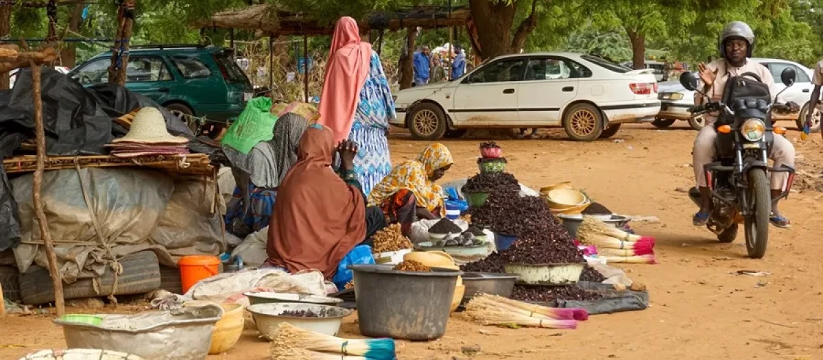 Un grupo de mujeres vende sus productos en un mercado de Niamey