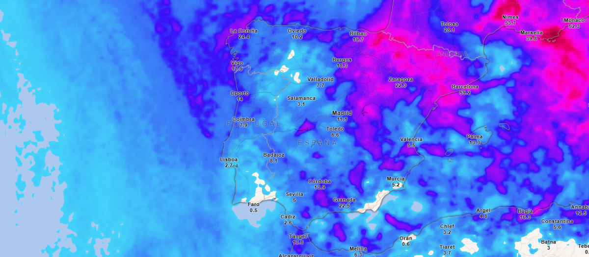 Precipitación acumulada hasta el sábado por la noche