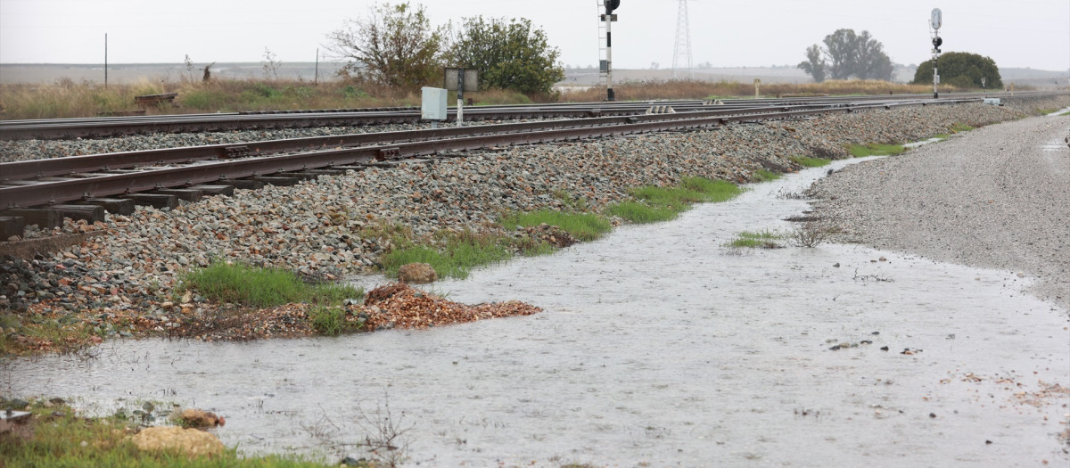 Vías del tren en las inmediaciones  de la carretera A-394 en Arahal. A 31 de octubre de 2024, en Sevilla (Andalucía, España). El temporal de lluvia y fenómenos meteorológicos adversos que azota Andalucía desde el pasado lunes ha sumado otro centenar de incidencias durante la madrugada de este jueves 31 de octubre, lo que sitúa en 1.441 las registradas en toda la comunidad desde el inicio de la DANA, entre ellas un fallecido este miércoles en un hospital de Málaga tras ser rescatado la víspera de su vivienda en Alhaurín de la Torre.

Rocío Ruz / Europa Press
31/10/2024