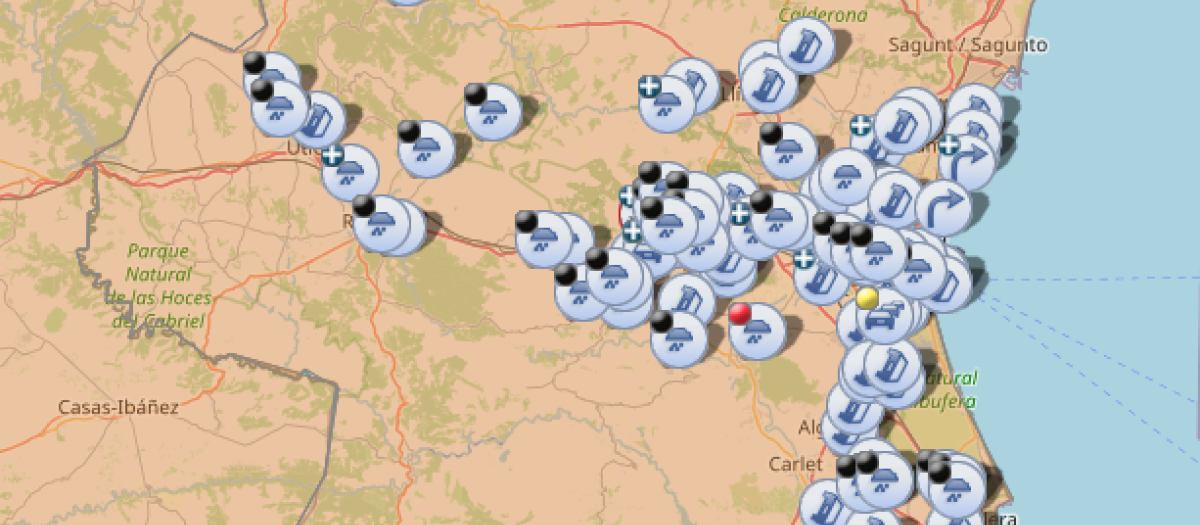 Mapa de la DGT con las carreteras cortadas y afectadas por la DANA en la provincia de Valencia