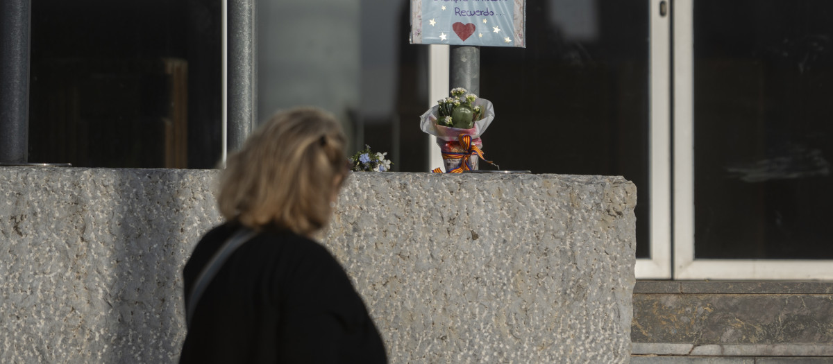 Una mujer observa un cartel y un ramo de flores en honor a los fallecidos por la Dana en Valencia