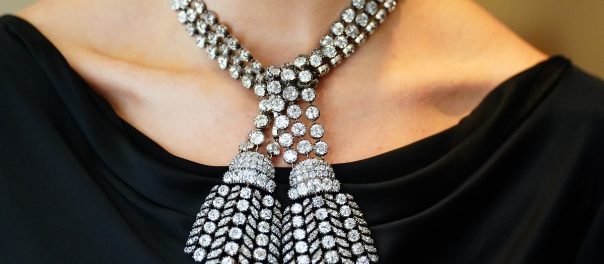 One of the rarest antique diamond necklaces on display at Sotheby's in central London before it is presented for the very first time at auction in November.