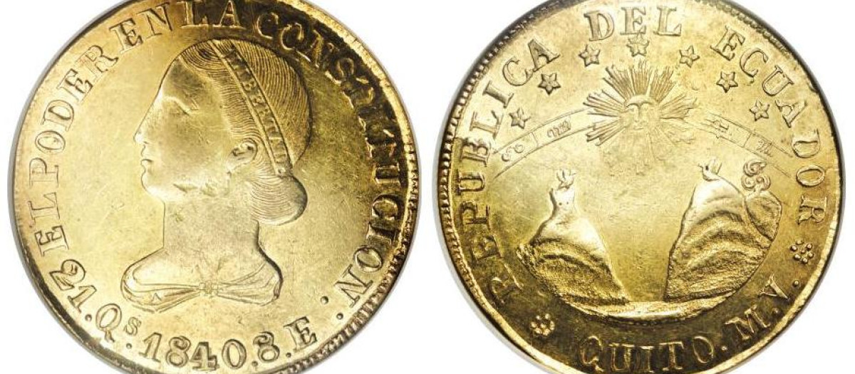 Ocho escudos de oro de Ecuador, la "moneda Moby Dick"