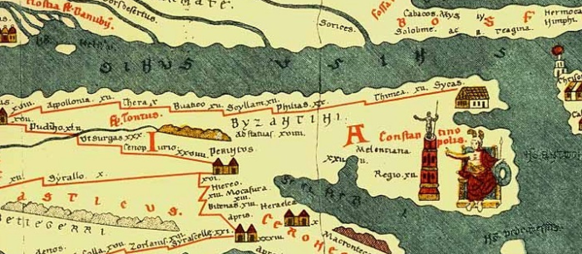 Detalle de la Tabula Peutingeriana en donde se aprecian la columna y la estatua del emperador Constantino en Constantinopla